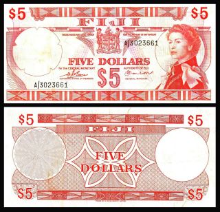 Fiji $5 Dollars P73b Nd (1974) Barnes/earland Sign Vf / Qe Ii / Rare