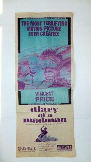 Rare Vtg 1963 Vincent Price Horror Diary Of Madman 14x36 Insert Ins Movie Poster