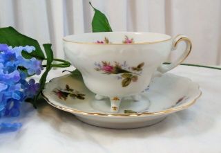 Hinode Japan Rare Bone China Footed Tea Cup And Saucer Pink Moss Roses W/gold
