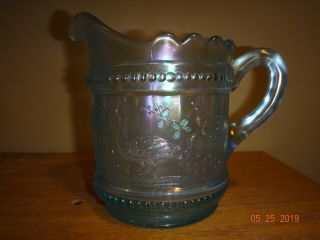 Rare Northwood Carnival Glass Ice Blue Peacock At The Fountain Creamer