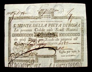 1796 Vatican Italy Rare Banknote 22 Scudi Monte Pietà Unc