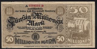 1923 50 Million Mark Hamburg Germany Rare Old Vintage Emergency Money Banknote F