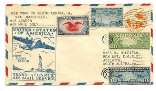 Air Mail Cover From Usa To Sout Australia 1939 Via France &england Rare