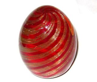 Rare Vintage Ferro & Lazzarini Red & Gold Swirl Glass Egg Paperweight