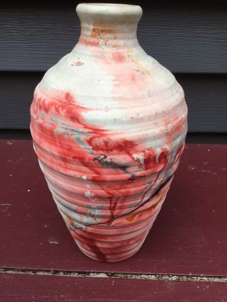 Vintage Vase Nemadji Usa Pottery Clay Ribbed 8 1/2” Tall Orange Rose Swirl Rare