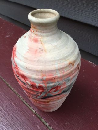 Vintage Vase Nemadji USA Pottery Clay ribbed 8 1/2” Tall Orange Rose Swirl Rare 2