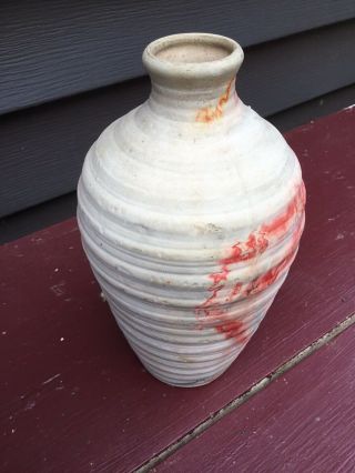Vintage Vase Nemadji USA Pottery Clay ribbed 8 1/2” Tall Orange Rose Swirl Rare 3