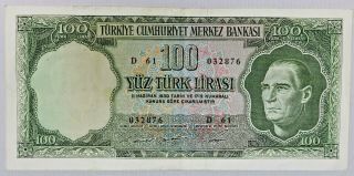 Rare Central Bank Of Turkey Republic 100 Lira Bank Note 1930 1966 - 69 Nd D 61