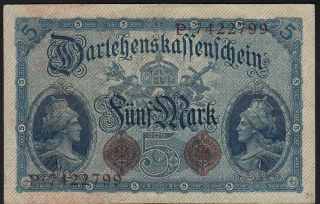 1914 5 Mark Wwi German Rare Old Vintage Paper Money Banknote Currency P 47b Vf