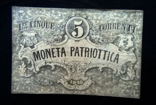 1848 Italy Rare Banknote Coin Lire 5 Vf,  War Independence Patriotic Venezia