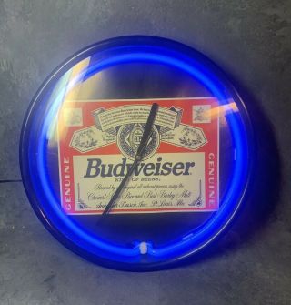 Rare Budweiser Neon Wall Clock Great For Mancave Or Bar W/power Supply