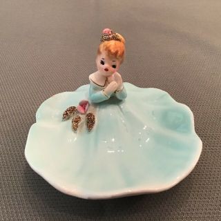 Vintage Josef Originals Girl In Pastel Dress Flowers Soap Dish Rare Trinket