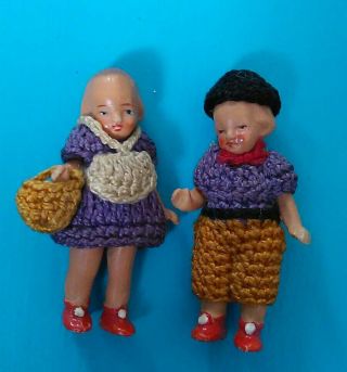 Antique Rare 2 " Miniature Bisque Dolls Hertwig Germany Crochet W/ Box