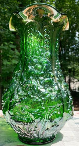 Rare Fenton? Iridescent Green Carnival Glass Ruffled Rim 12” Tall Vase