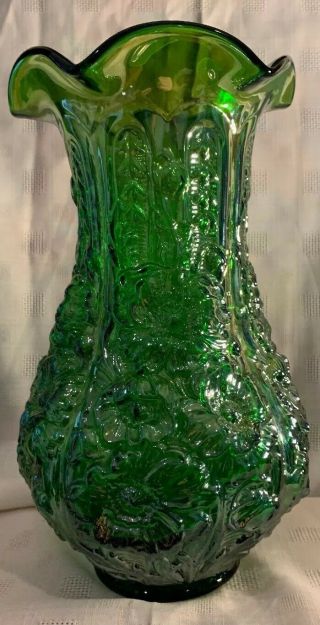 RARE Fenton? Iridescent Green Carnival Glass Ruffled Rim 12” Tall VASE 2