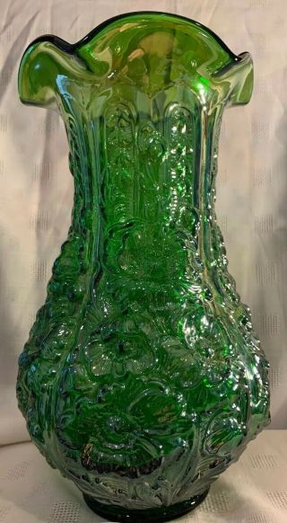 RARE Fenton? Iridescent Green Carnival Glass Ruffled Rim 12” Tall VASE 3