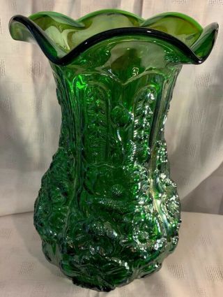 RARE Fenton? Iridescent Green Carnival Glass Ruffled Rim 12” Tall VASE 4