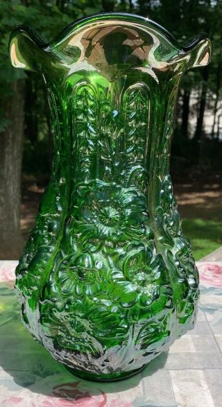 RARE Fenton? Iridescent Green Carnival Glass Ruffled Rim 12” Tall VASE 5