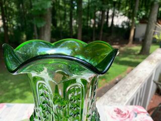 RARE Fenton? Iridescent Green Carnival Glass Ruffled Rim 12” Tall VASE 7