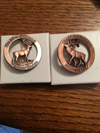 Rare Antique 1930s - 50s Field & Stream Honor Badge Awards (2) Elk Buck Deer Pin