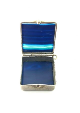 Rare Antique Victorian Blue Banded Agate Silver Opening Pill Box Fob Pendant
