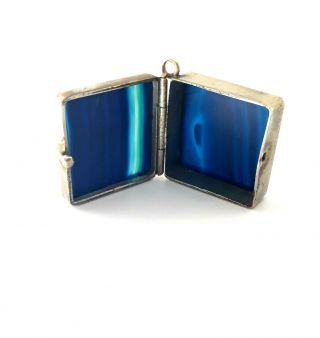RARE Antique Victorian Blue Banded Agate Silver Opening Pill Box Fob Pendant 5