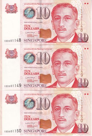 Singapore $10 X 3 Unc Cons Nos Paper Notes / Rare Pm Lee Hl Signatory