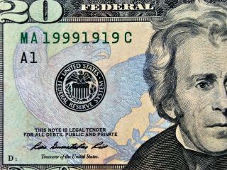 2013 U S $20 Dollar Bill Rare Fancy Serial Number 19991919