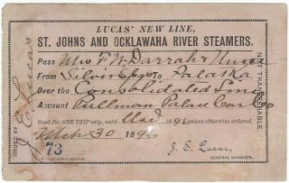 Rare Florida 1896 Lucas Line St.  Johns And Ocklawaha River Steamers Pass