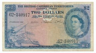 British Caribbean Territories $2 1957 P.  8b Fine Qeii Note Rare