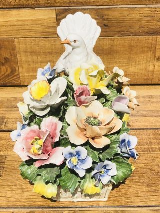 Capodimonte Porcelain Flower Basket Centerpiece Multi Color Dove Vintage Rare