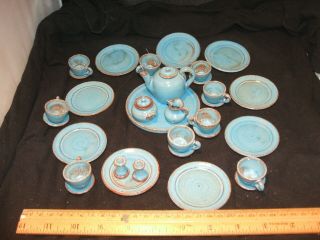 Rare Cole Pottery Miniature Doll Tea Set Dinner Set Turquoise Old Sanford Nc 33p