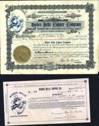 Bisbee Belle Copper Co,  Terr.  Of Arizona,  1906 With Purchase Contract,  V.  Rare