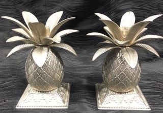 Vintage Pair Metal Pineapple Tropical Palm Tree Candle Holders Rare Ornate