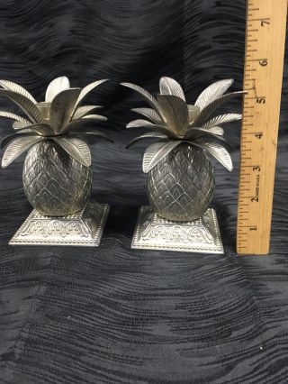 Vintage Pair Metal Pineapple Tropical Palm Tree Candle Holders Rare Ornate 2