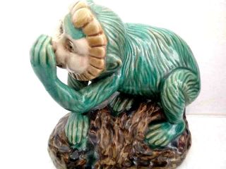 Vintage Majolica Capuchin Green Glazed Pottery Ceramic Monkey Speak No Evil Rare