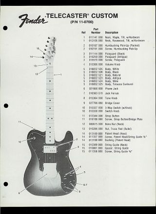 Rare Factory Fender 11 - 0700 Telecaster Custom Guitar Dealer Sheets Parts List