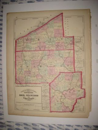 Antique 1872 Erie Crawford Venango County Pennsylvania Handcolored Map Rare Fine