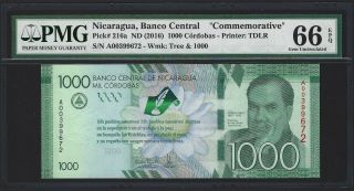 Nicaragua 1000 Cordobas 2016 Banco Central Commem,  Pmg 66 Epq Gem Unc Rare P - 216