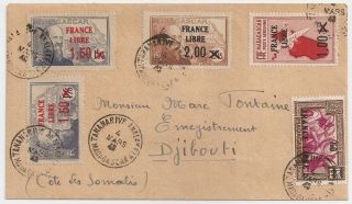 1943 Madagascar To Djibouti Cover,  Rare France Libre Ovptd Stamps