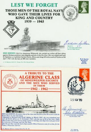 2 Rare Fdcs Royal Navy Ww2 Hms Hermes & Algerine Survivors Crew Signed