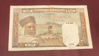 Algeria Algerie 100 Francs French Colony 1941 Bank Note Rare Date