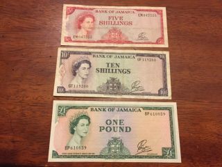 1960 Jamaica Rare Currency Set 5 Shillings,  10 Shillings,  One Pound Notes