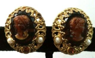Rare Vintage Estate Signed W Germany Glass Cameo 1 " Clip Earrings G694t
