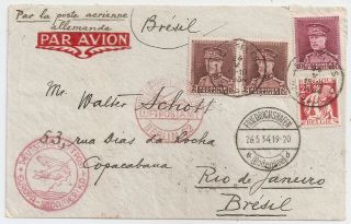 1934 Belgium To Brazil Zeppelin Cover Via Germany,  Rare 10 Francs Stamp