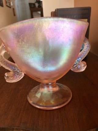 Rare Pink Iridescent Fenton Fan Vase With Koi Fish Handles And Label