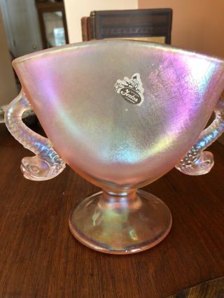 RARE PINK IRIDESCENT FENTON FAN VASE With Koi Fish Handles And Label 2