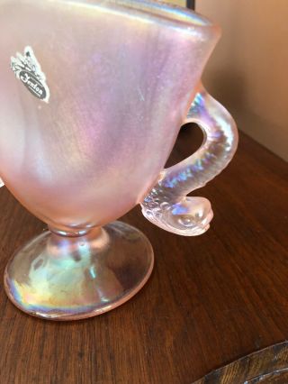RARE PINK IRIDESCENT FENTON FAN VASE With Koi Fish Handles And Label 3