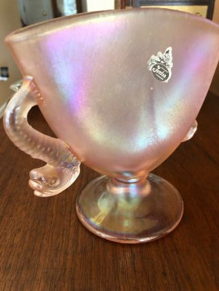 RARE PINK IRIDESCENT FENTON FAN VASE With Koi Fish Handles And Label 4