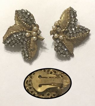 Rare Vintage Signed Miriam Haskell Rhinestone Seed Bead Gold Leaf Clip Earrings